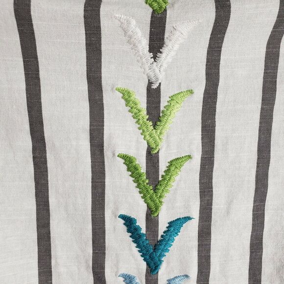 Sharon Young Womens Top Small Gray Striped 100% Linen Embroidered Button Up 3/4 - Picture 7 of 10